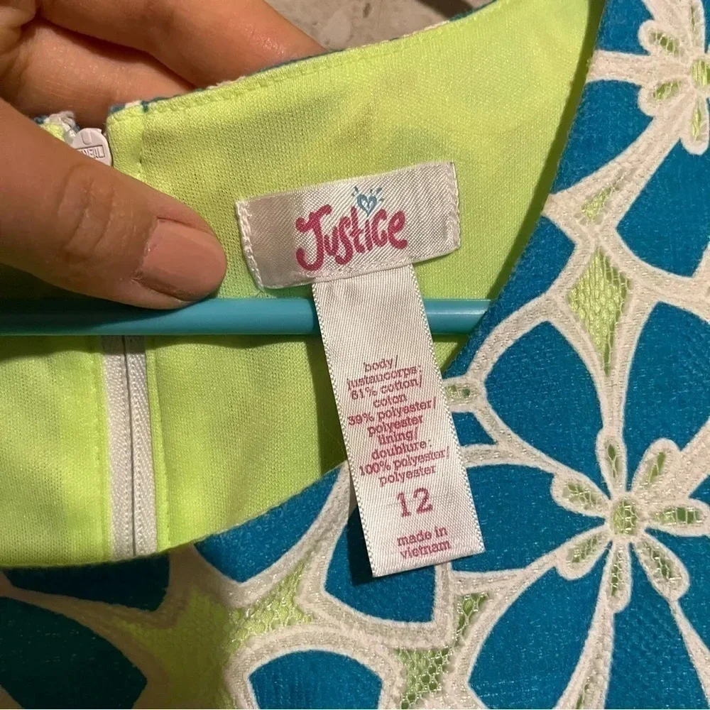 Justice Girls Dress Size 12 Lace Blue Lined Neon Green Floral Summer Party